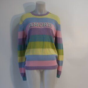 NWT Womens Regina Amore Pastel Rainbow Cotton Striped Pullover Sweater L